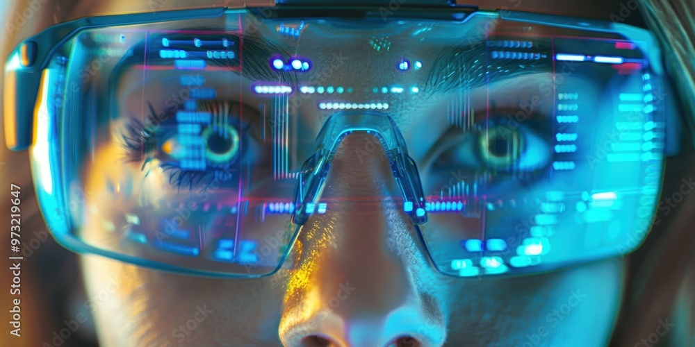 Poster cybersecurity with a female figure or vr glasses displaying digital transformation through graphs, a