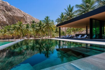 A luxurious spa retreat built around a natural oasis, where guests relax in hot springs under the shade of palm trees