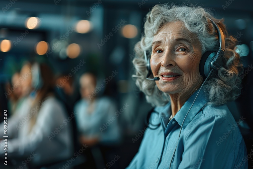 Poster image of an experienced customer service representative using a headset while working online, engage