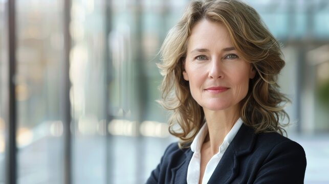 Successful middle-aged female executive with a focused expression, posed in front of a clear, straightforward background
