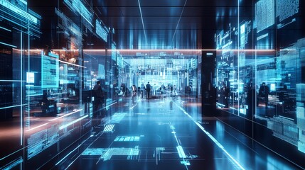 A modern office space filled with glowing elements and three individuals, creating a dynamic and futuristic atmosphere.