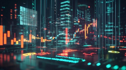 A modern and advanced financial dashboard interface displayed on a digital screen with futuristic elements and a high-tech ambiance, featuring dynamic data visualization and analytics.