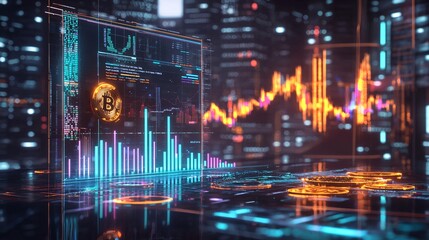 A futuristic financial dashboard displayed on a digital screen, showcasing advanced technology and data analytics in a modern environment with a hint of technology background and objects like a boat.