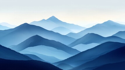A minimalistic design of a mountain range at dawn, where the peaks are enveloped in a grainy gradient fog shifting from blue to white, evoking a serene atmosphere