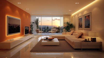 A modern living room interior with walls painted in Peach Fuzz, complemented by contemporary furniture and soft lighting that enhances the warmth of the color
