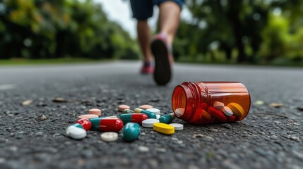 Journey toward wellness: conceptual image of pills on road with walking figure for health or addiction themes