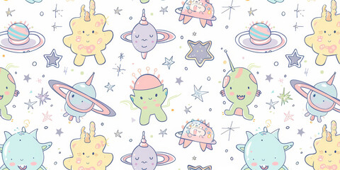 Whimsical Cute Kawaii Planets and Stars Pattern