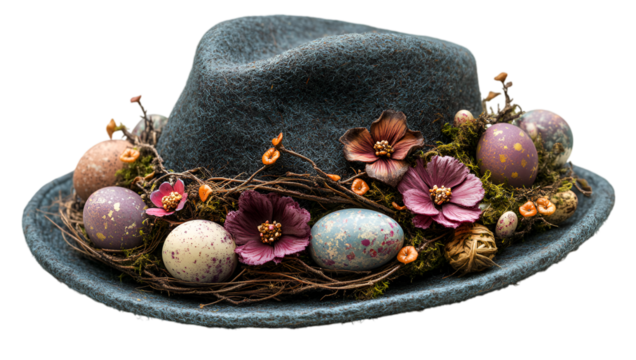 a hat with flowers and eggs.
