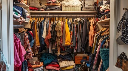 Cluttered Closet Overflowing with Clothes and Items