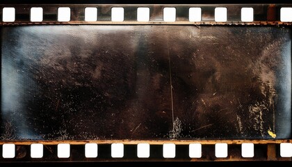 Close-Up of an Aged and Scratched Vintage 35mm Film Strip Negative in Golden Brown Tones, Capturing the Empty, Faded Frames with Dust and Grime, Highlighting the Nostalgia of Classic Analog Cinema