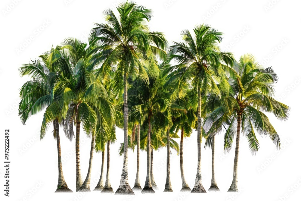 Poster a group of palm trees against a white background, perfect for design and decoration projects