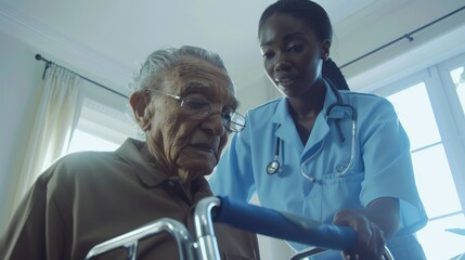 Obraz premium A nurse providing support to an elderly individual using a walker, highlighting the importance of care and assistance in daily life