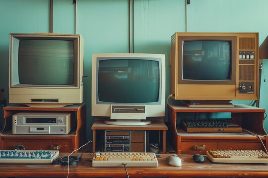 Vintage computer equipment on a rustic wooden surface