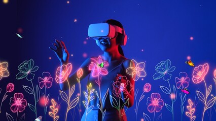 Woman standing in meta garden world wearing VR turn on transfer to wonderland with flower and...