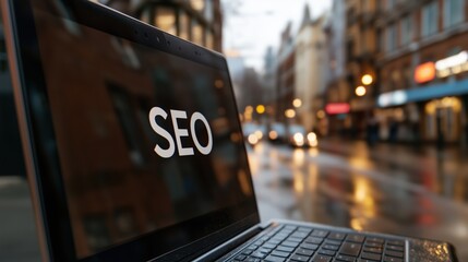 Seo optimization on laptop display in urban evening setting for digital marketing design