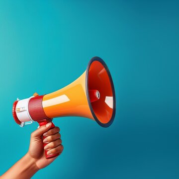 Megafon / Verkauf ank&uuml;ndigen / Sale und Rabatte / Marketing- und kommerzielles Konzept-Banner mit Kopierraum / Botschaft f&uuml;r Flyer, Brosch&uuml;re, Magazin, Artikel, Pressemeldung, Megafon mit Hand, 