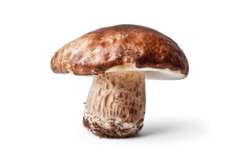 A single mushroom growing on a plain white background
