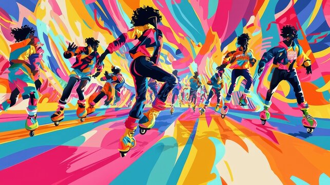 A retro cartoon of a roller skating rink, with characters zooming around on skates, wearing bright, funky clothing, and surrounded by a vibrant, kaleidoscopic background