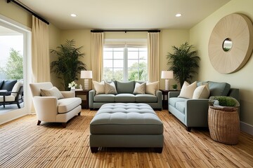 Fototapeta premium Elegant Modern Living Room with Cozy Ottoman on Natural Bamboo Floor and Soft Cream Wall Decor