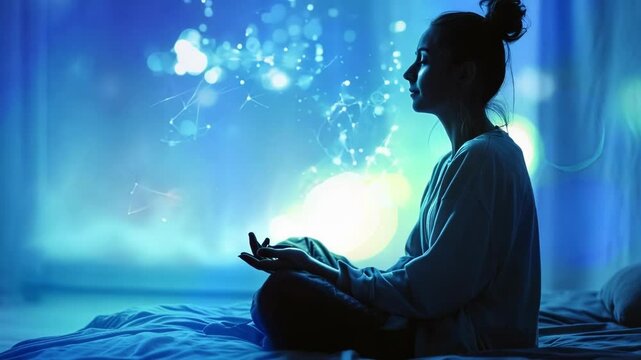 Young woman is practicing meditation in her bedroom at night with hologram snow falling from the ceiling, creating a peaceful and relaxing atmosphere
