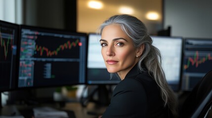 Fototapeta premium Professional analyst with gray hair monitoring stock market trends on multiple screens