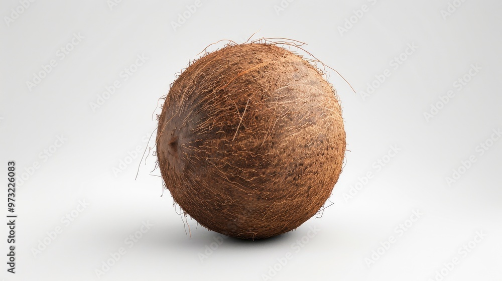 Poster A single coconut resting on a pure white surface, ideal for use in minimalist decor and design projects