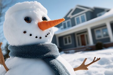 A snowman with a carrot nose and scarf, standing proudly in a snow-covered front yard, built by happy children