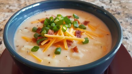 Hearty Potato Soup Garnished with Bacon, Cheddar, and Chives. Instant Pot Baked Potato Soup