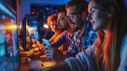 Obraz premium Group of individuals using laptops and desktops