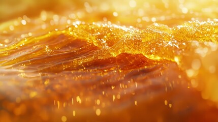 A surreal digital artwork where 3D liquid fonts are formed from honey, with a rich golden hue and sticky texture, evoking a sweet, natural feel