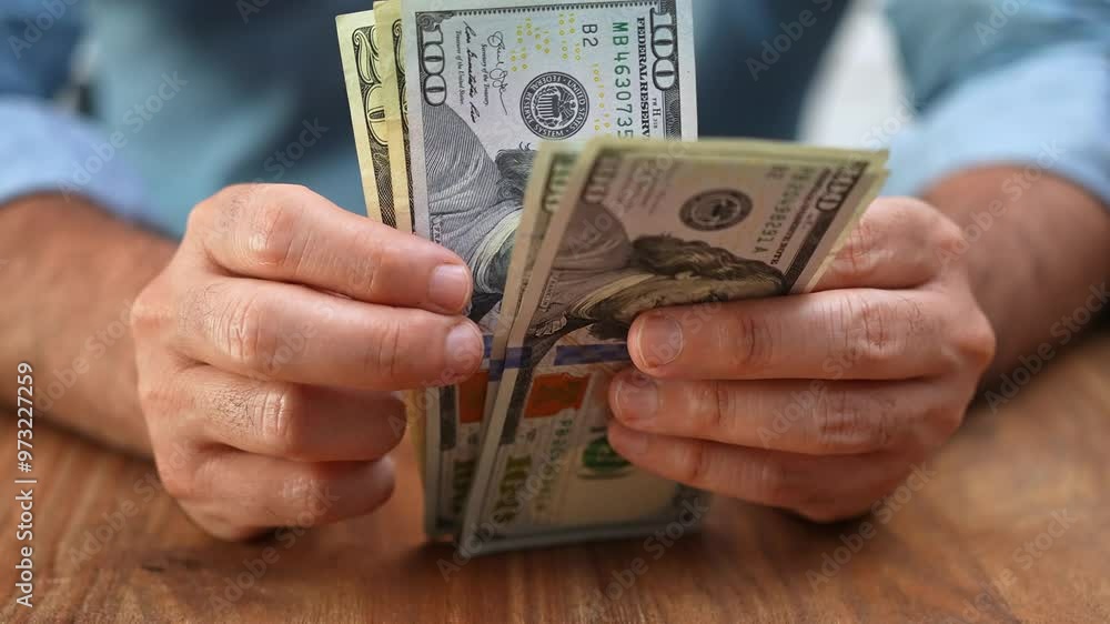 Poster ceo counts dollar banknotes in office calculating cash flow needed to fund next phase of software co