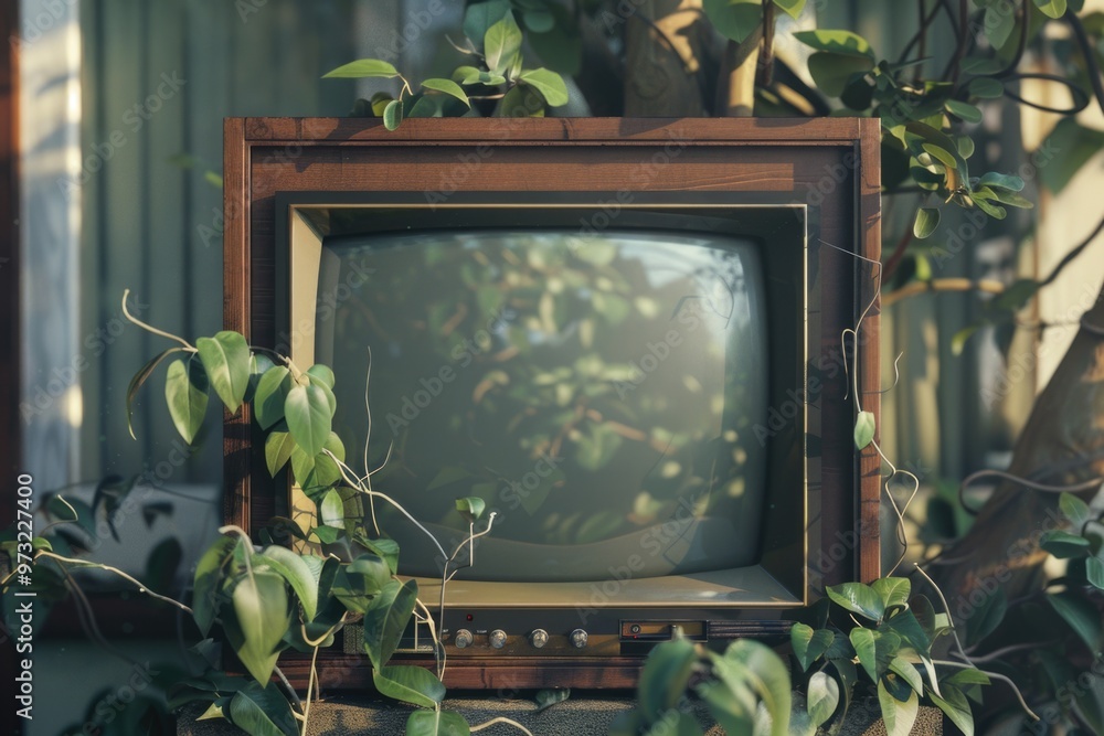 Poster A vintage television set sits on a table, surrounded by a calm atmosphere