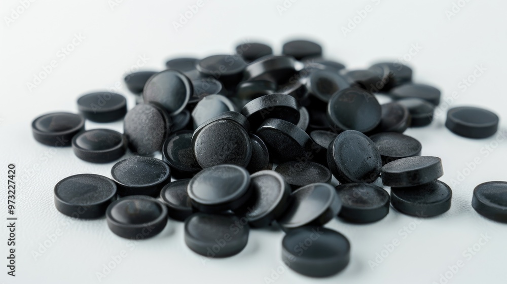 Poster a collection of small, round black buttons arranged on a flat surface