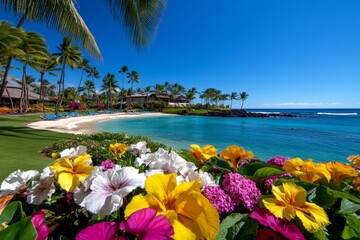 A tropical oasis with a vibrant mix of exotic flowers, palm trees, and the soft hum of nature all around