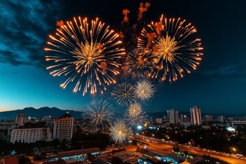Obraz premium A vibrant New Yearâ€™s Eve celebration with fireworks lighting up the sky, ringing in 2025 with joy and excitement