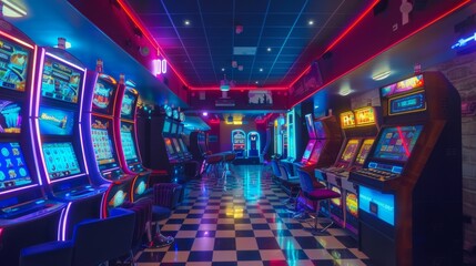 Vibrant Arcade Room with Neon Lights and Gaming Machines