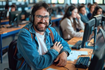 Fototapeta premium A person sitting in front of a computer, wearing headphones, focused on work or entertainment