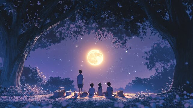 Four friends enjoying a picnic in the moonlight under a canopy of trees.