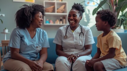 Obraz premium Group of women relaxing on a blue couch, casual atmosphere