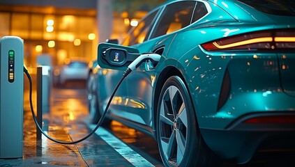 Obraz premium Power supply connected to electric vehicle charge battery. EV charging station for electric car or Plug-in hybrid car. Automotive innovation and technology concepts. 