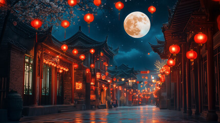 Fototapeta premium moon festival, mid-autumn festival, lantern and chinese ancient city 