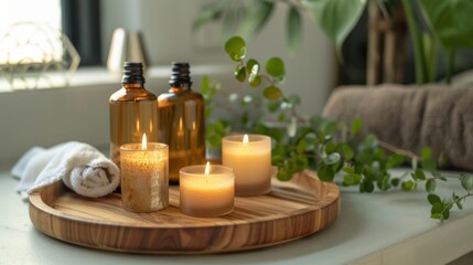 Aromatherapy candles and oils on a wooden tray in a serene spa environment Close-up photo with clean background