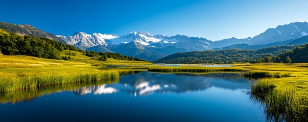 Fototapeta premium Snow-capped mountains reflect in a calm blue lake surrounded by vibrant green and yellow meadows under a clear sky.