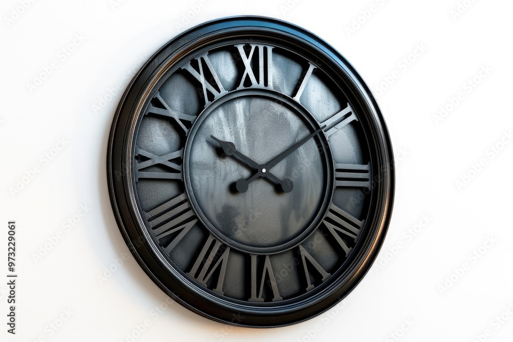Poster a close-up view of a black clock with roman numerals on a white background, ideal for designs relate