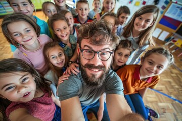 A man posing for a photo with a group of kids, smiling and laughing together