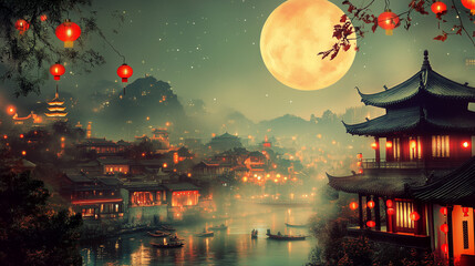 Fototapeta premium moon festival, mid-autumn festival, lantern and chinese ancient city 