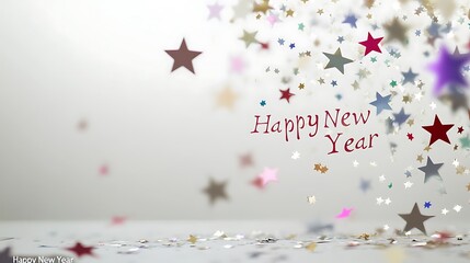 Contemporary "Happy New Year" text in a sleek, italicized font with a light burst effect and scattered stars on a white background