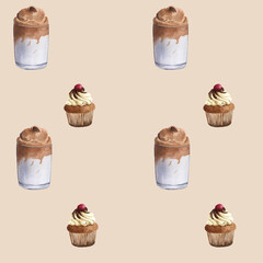Seamless watercolor pattern with glasses of coffee and cupcakes. Watercolor illustration on beige background. For wrapping paper, packaging, printing
