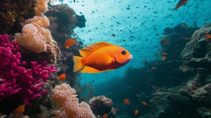 Colorful orange fish swimming in clear blue waters near vibrant coral reefs during a sunny day in the ocean