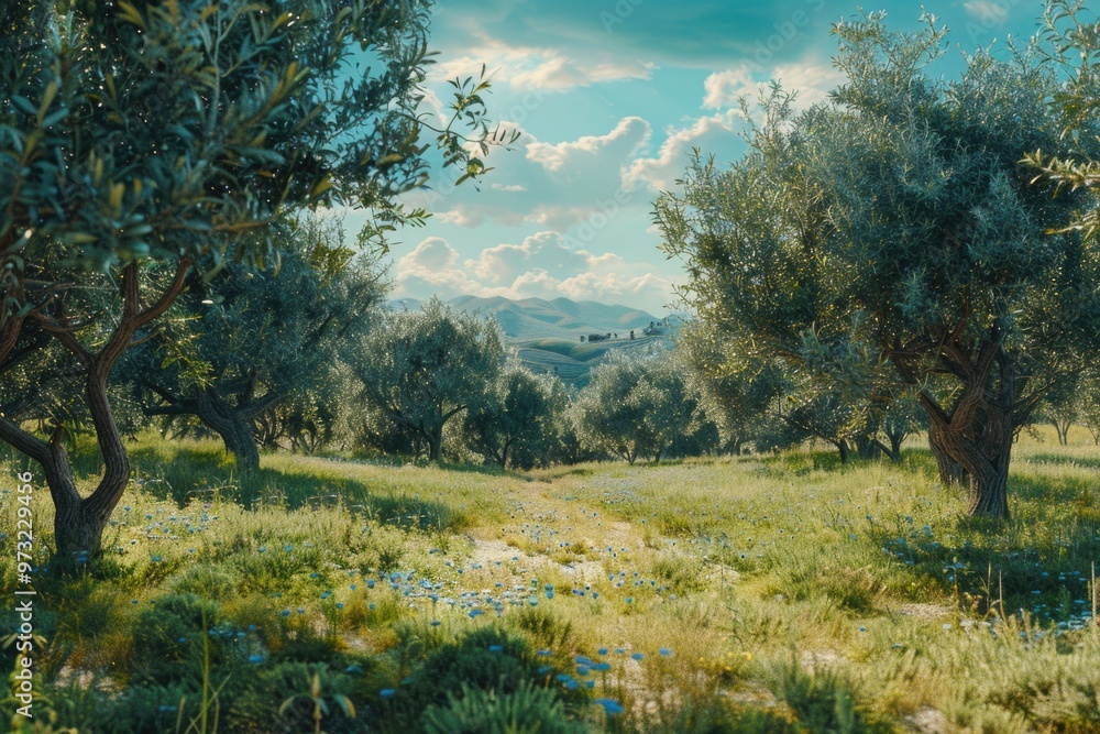 Poster a scenic view of an olive grove situated in a sunny open field